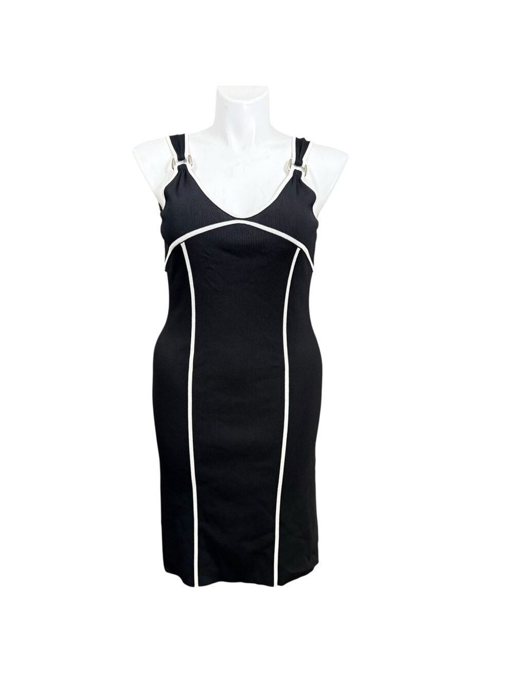 BCBGMAXAZRIA Y2K Black Bodycon Dress White Trim Size Large
